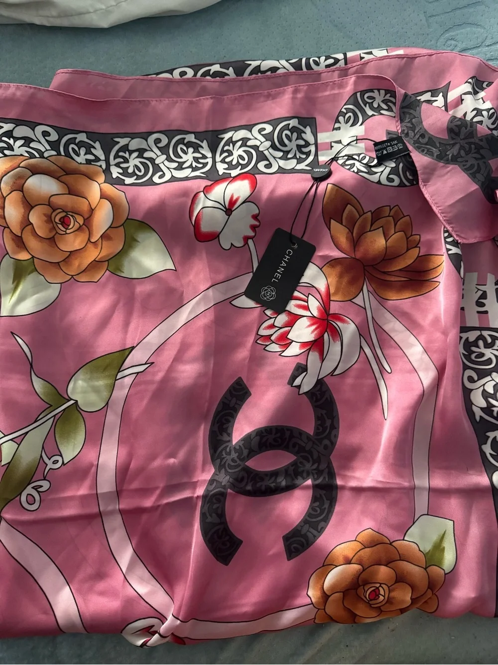 Silky Pink Floral Scarf with Brown Lotus Print